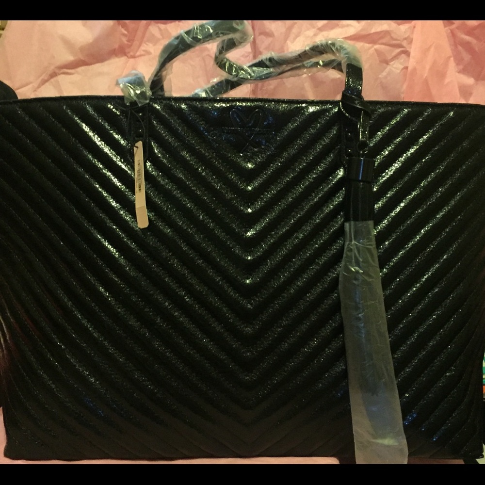 Victoria's Secret Black Quilted Chevron Tote